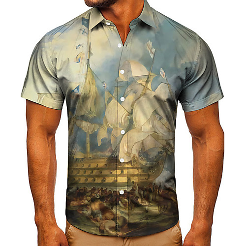 

Men's Shirt 3D Print Graphic Prints Rudder Button-Down Short Sleeve Street Tops Casual Fashion Classic Breathable Blue