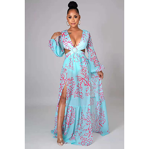 

Women's Swing Dress Maxi long Dress Light Blue Sky Blue Red Long Sleeve Print Spring Summer Casual / Daily 2021 S M L XL XXL