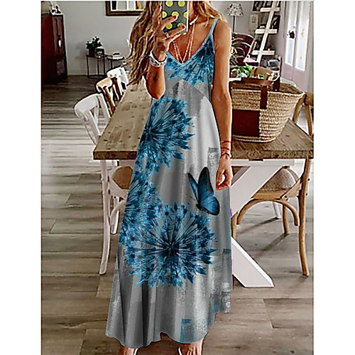 

Women's A Line Dress Maxi long Dress Blue Sleeveless Floral Butterfly Animal Print Spring Summer V Neck Casual 2021 S M L XL XXL 3XL