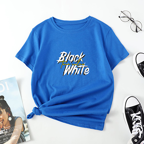 

Women's T shirt Letter Print Round Neck Tops Cotton Basic Basic Top White Black Blue