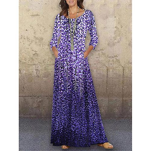 

Women's Shift Dress Maxi long Dress Purple 3/4 Length Sleeve Floral Print Color Gradient Print Spring Summer Round Neck Casual Holiday 2021 S M L XL XXL 3XL