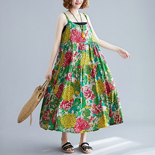 

real shot cotton and linen print plus size suspender dress big swing skirt holiday skirt