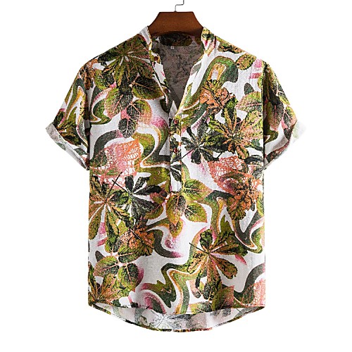 

Men's Shirt Other Prints Graphic Leaves Short Sleeve Casual Tops Ethnic Style White