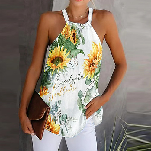 

Women's Holiday Floral Theme Camisole Blouse Tank Top Floral Sunflower Print U Neck Basic Streetwear Tops White