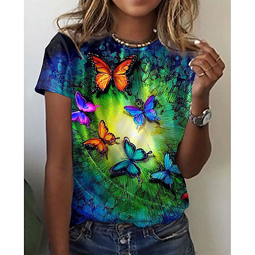 

Women's Butterfly Painting T shirt Graphic Butterfly Print Round Neck Basic Tops Blue