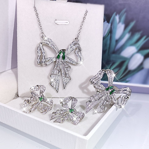 

Women's Clear Green Cubic Zirconia Jewelry Set Bridal Jewelry Sets Geometrical Bowknot Artistic Elegant European Sweet Earrings Jewelry Silver For Wedding Anniversary Party Evening Gift Beach 3pcs