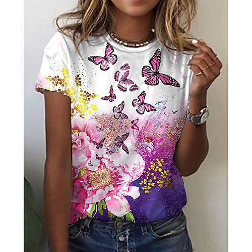 

Women's Floral Theme Painting T shirt Butterfly Flower Print Round Neck Basic Tops Purple