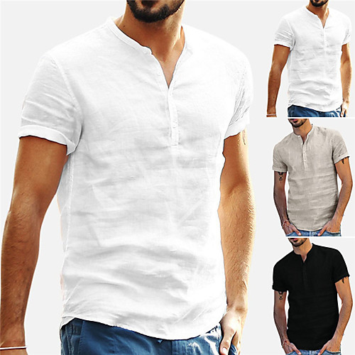 

Men's Shirt Solid Color Button-Down Short Sleeve Casual Tops Cotton Casual Fashion Breathable Comfortable Standing Collar Blushing Pink Gray White