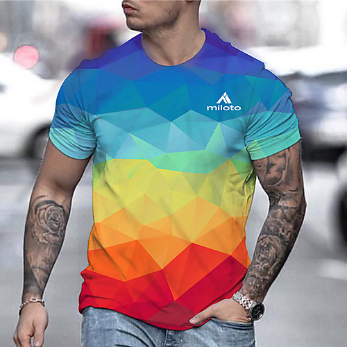 

Men's Tee T shirt Shirt 3D Print Rainbow Graphic Prints Geometry Print Short Sleeve Daily Tops Casual Designer Big and Tall Round Neck Rainbow / Summer