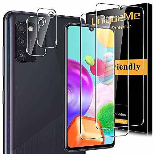 

[4 pack] unqiueme 2 pack protective film compatible with samsung galaxy a41 and 2 pack armored glass camera protection, [maximum range] [bubble-free] screen protector hd clear film tempered glass