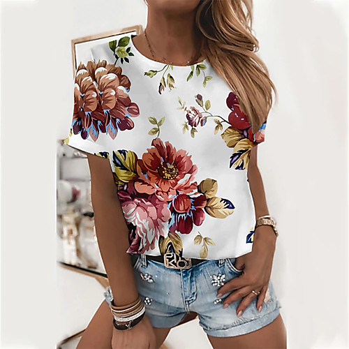 

Women's Floral Theme T shirt Floral Graphic Print Round Neck Tops Basic Basic Top White Blushing Pink Green