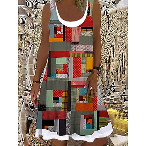 

Women's Shift Dress Knee Length Dress Red Sleeveless Geometric Print Spring Summer Boat Neck Casual Holiday 2021 S M L XL XXL 3XL