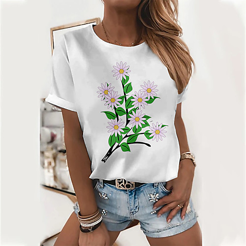 

Women's Floral Theme T shirt Floral Daisy Print Round Neck Basic Tops Cotton Blue Yellow Green