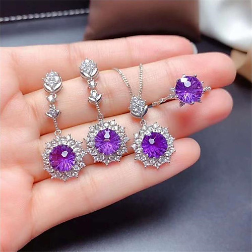 

Women's Purple Synthetic Amethyst Jewelry Set Earrings Set Geometrical Flower Snowflake Crown Artistic Fashion Classic Trendy Sweet Rhinestone Earrings Jewelry Silver For Christmas Party Evening Gift