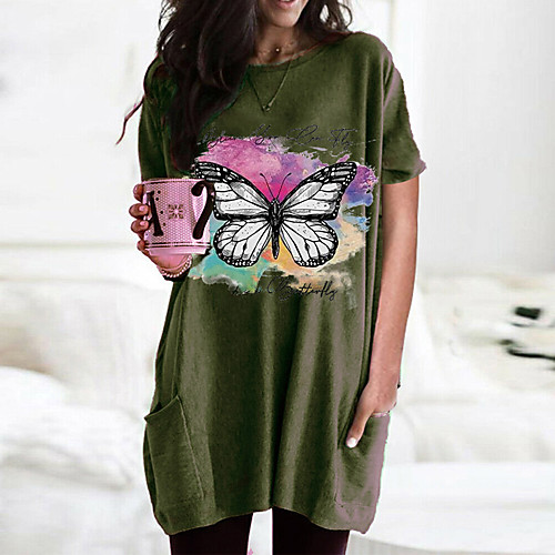 

Women's T shirt Dress Graphic Butterfly Round Neck Tops Basic Basic Top Black Wine Army Green
