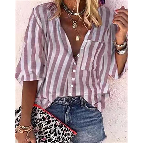 

Women's Blouse Shirt Striped Long Sleeve Pocket Patchwork Standing Collar Tops Blue Blushing Pink Gray