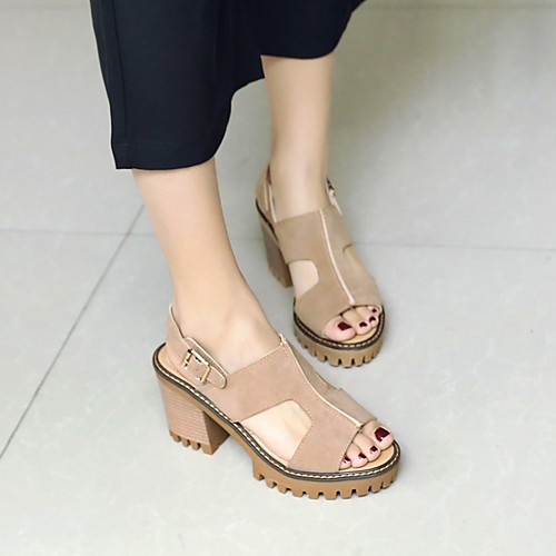 

Women's Sandals Chunky Heel Peep Toe PU Synthetics Almond Light Brown Black