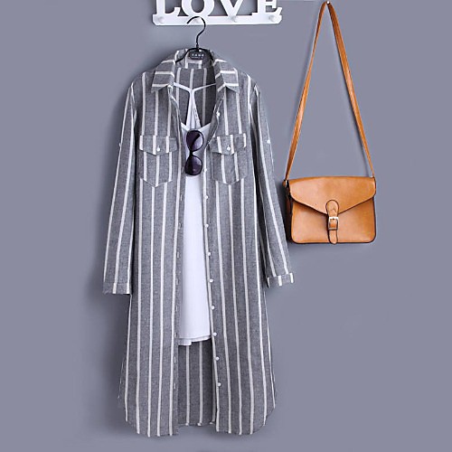 

Women's Coat Casual / Daily Spring & Summer Long Coat Shirt Collar Regular Fit Casual Jacket Stripes Others Gray