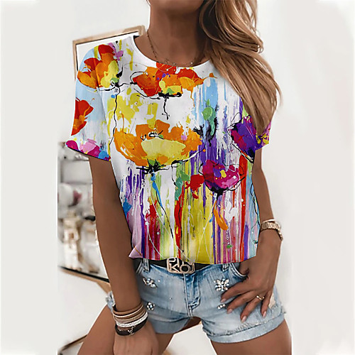 

Women's Floral Theme Painting T shirt Floral Flower Print Round Neck Basic Tops White Red Yellow