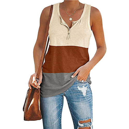 

Women's Tank Top T shirt Plain Button V Neck Rock Tops Sleeveless White Black Khaki