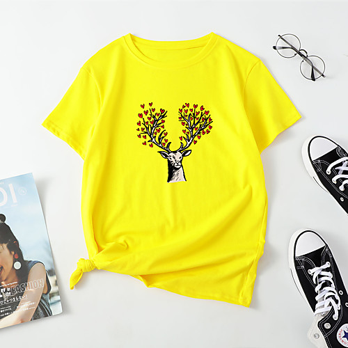 

Women's T shirt Heart Animal Print Round Neck Tops Cotton Basic Basic Top White Blue Red