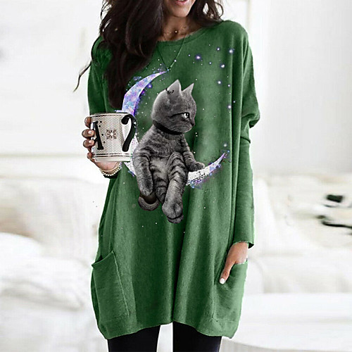 

Women's T shirt Dress Cat Graphic 3D Long Sleeve Pocket Round Neck Tops Basic Basic Top White Black Fuchsia