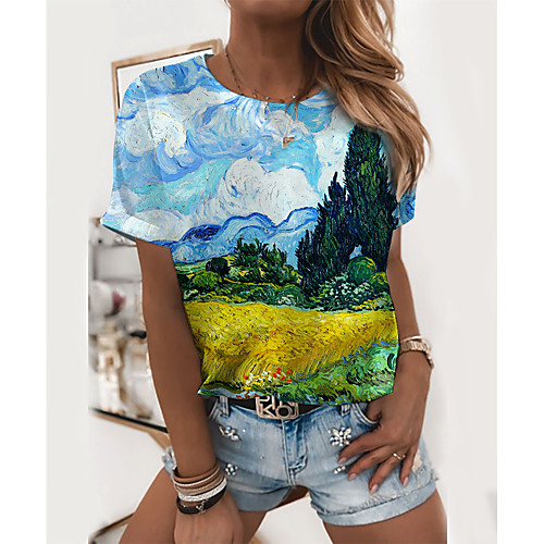 

Women's 3D Printed Painting T shirt Scenery Print Round Neck Basic Tops Blue
