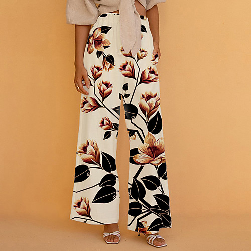 

Women's Basic Chino Comfort Going out Beach Pants Pants Plants Flower / Floral Full Length Elastic Drawstring Design Print White