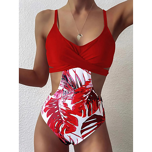 

Women's One Piece Monokini Swimsuit Tummy Control Push Up Leaf White Black Red Swimwear Padded Scoop Neck Bathing Suits New Casual Sexy / Holiday / Padded Bras / Beach
