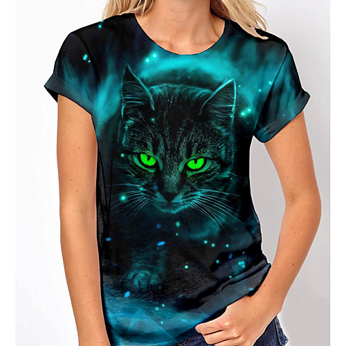 

Women's 3D Cat T shirt Cat Animal Print Round Neck Basic Tops Navy Blue