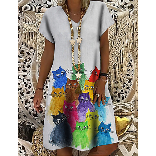 

Women's T Shirt Dress Tee Dress Knee Length Dress White Short Sleeve Cat Animal Print Spring Summer V Neck Casual Holiday 2021 S M L XL XXL 3XL