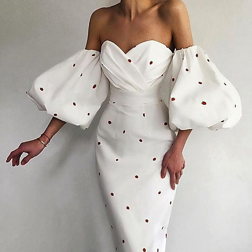 

Women's Sheath Dress Midi Dress White Black Red Half Sleeve Floral Split Ruched Zipper Summer Strapless Elegant Vintage Sexy Party Holiday Beach Puff Sleeve 2021 S M L XL / Print