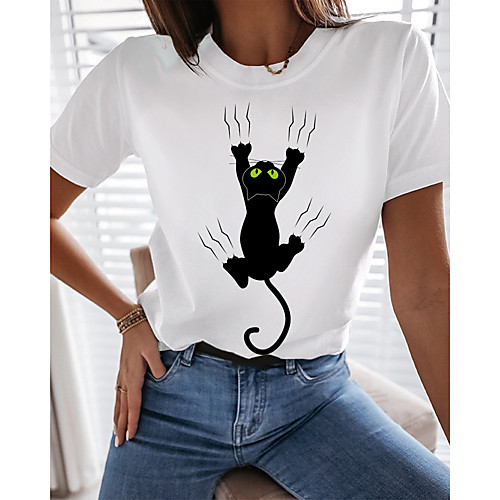 

Women's Cat 3D Cat T shirt Cat Animal Print Round Neck Basic Tops White