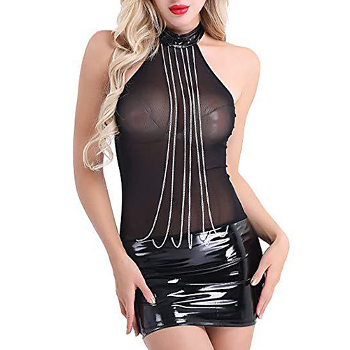 

Women's Mesh Super Sexy Babydoll & Slips Uniforms & Cheongsams Suits Nightwear Patchwork Solid Colored Black S M L / Halter Neck