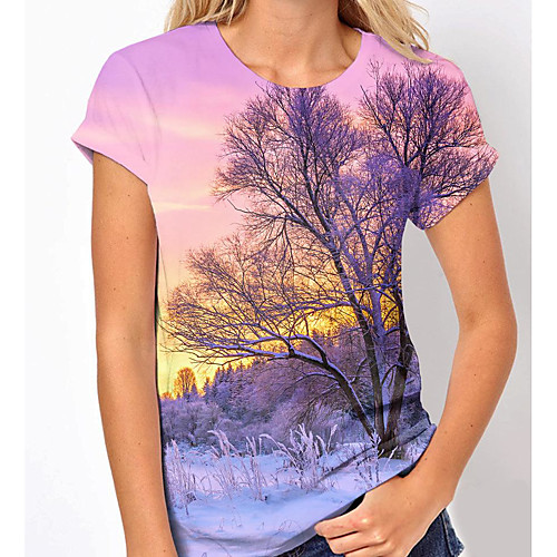

Women's 3D Printed Painting T shirt Plants Scenery Print Round Neck Basic Tops Purple