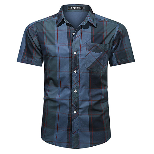 

Men's T shirt Shirt Other Prints Tartan Print Short Sleeve Casual Tops Cotton Casual Breathable Beach Blue Gray
