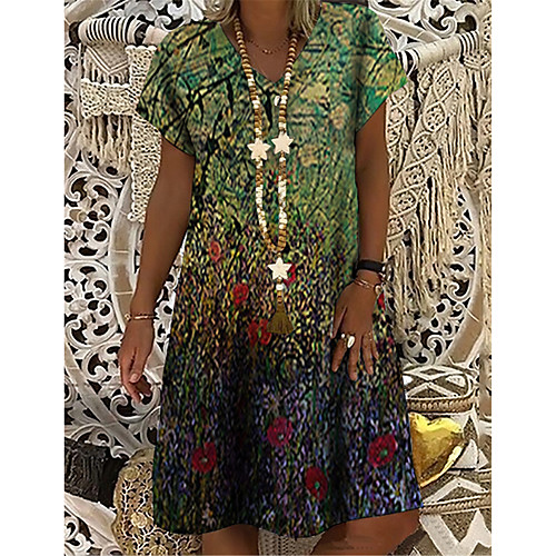 

Women's T Shirt Dress Tee Dress Knee Length Dress Green Short Sleeve Floral Print Print Spring Summer V Neck Casual Holiday 2021 S M L XL XXL 3XL