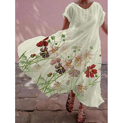 

Women's A Line Dress Maxi long Dress White Short Sleeve Pattern Summer Casual 2021 S M L XL XXL XXXL