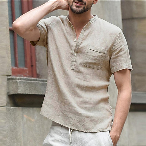 

Men's Shirt Solid Color Short Sleeve Casual Tops Simple Retro Khaki Green Black