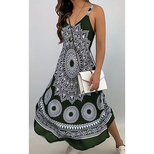 

Women's Strap Dress Midi Dress Blue Purple Fuchsia Green Black Red Sleeveless Print Color Block Patchwork Print Fall Summer cold shoulder Casual 2021 S M L XL XXL 3XL