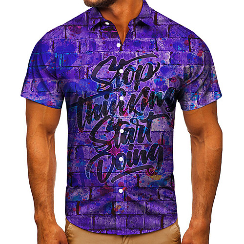 

Men's Shirt 3D Print Graphic Prints Letter Button-Down Short Sleeve Street Tops Casual Fashion Classic Breathable Blue
