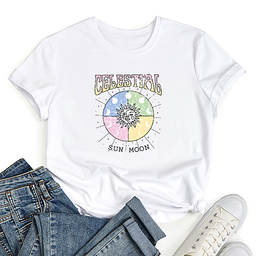 

Women's T shirt Graphic Letter Print Round Neck Tops 100% Cotton Basic Basic Top White