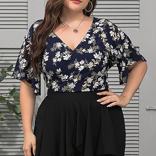 

Women's Plus Size Tops Blouse Floral Backless Drawstring Short Sleeve V Neck Blue Big Size XL XXL 3XL 4XL