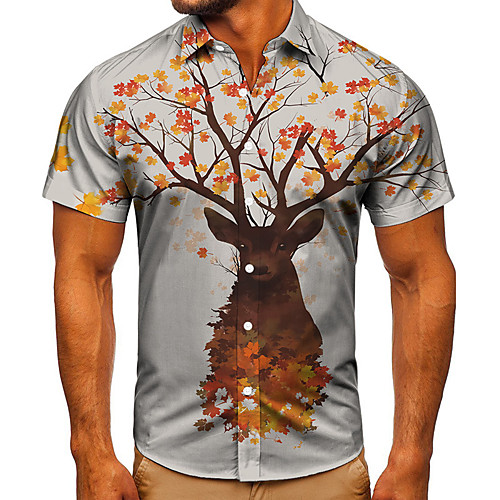 

Men's Shirt 3D Print Graphic Prints Deer Button-Down Short Sleeve Street Tops Casual Fashion Classic Breathable Gray