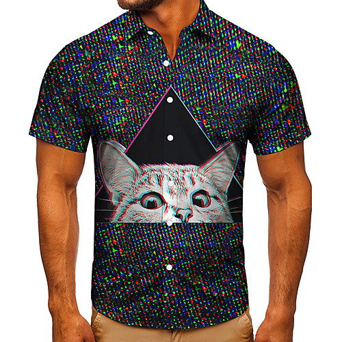 

Men's Shirt 3D Print Cat Graphic Prints Button-Down Short Sleeve Street Tops Casual Fashion Classic Breathable Black