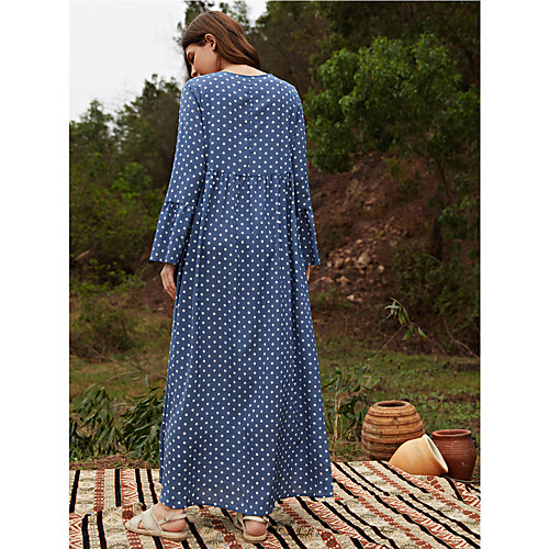 

2208 women's round neck long sleeve fashion blue polka dot printed floral embroidery folded tassel robe long skirt