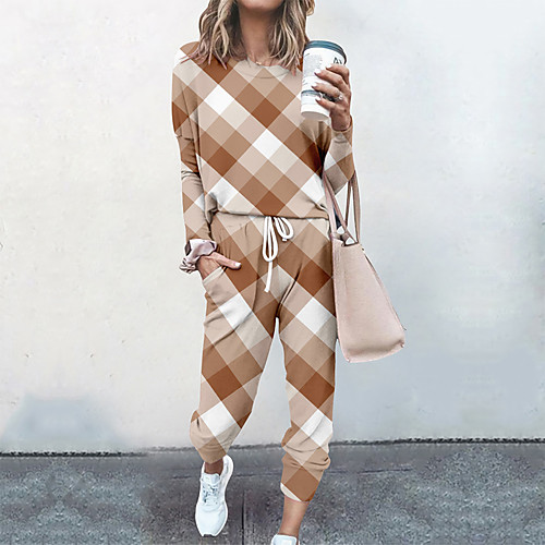 

Women's Basic Streetwear Plaid Color Block Vacation Casual / Daily Two Piece Set Tracksuit T shirt Pant Loungewear Drawstring Print Tops