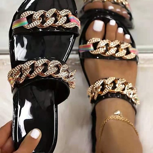 

Women's Sandals Outdoor Slippers Flat Heel Round Toe PU Buckle Solid Colored White Black