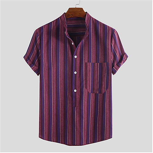 

Men's Shirt Striped Button-Down Short Sleeve Casual Tops Lightweight Casual Fashion Breathable Red Brown