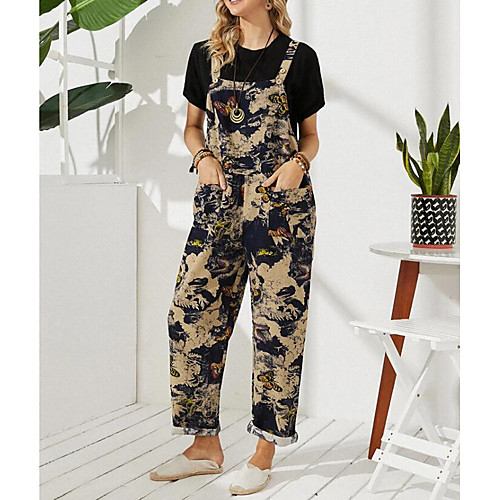 

Women's Ordinary Off Shoulder Black Light Brown Camel Jumpsuit Animal Print